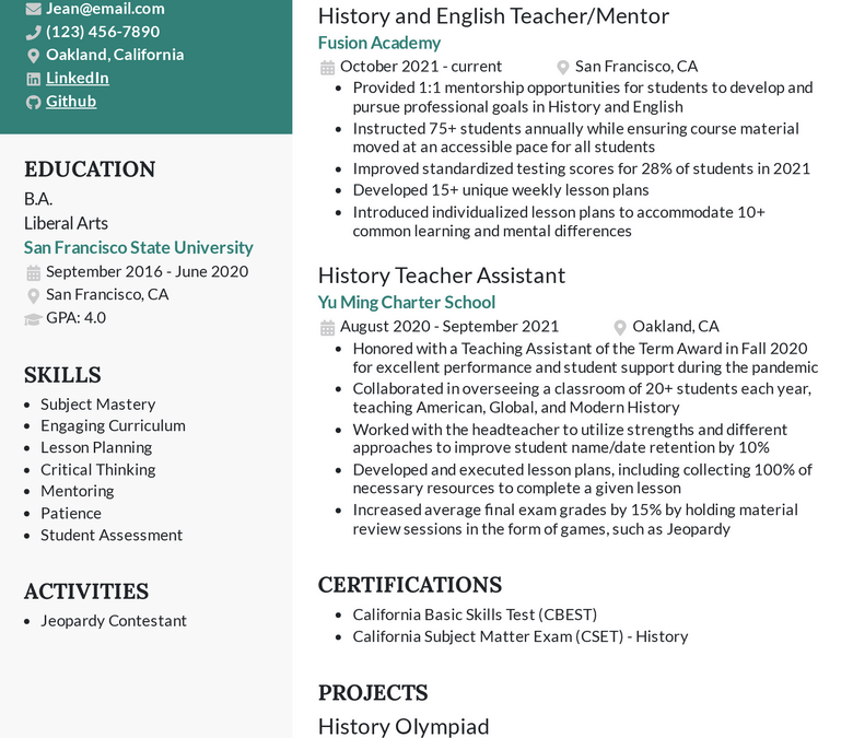 Resume for the position of teacher 2